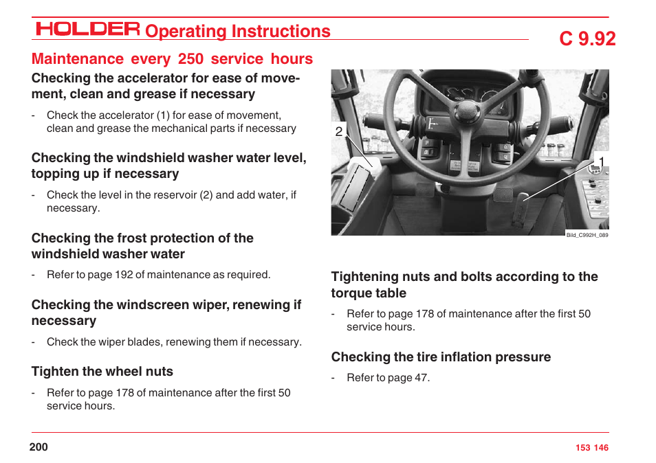 C 9.92, Operating instructions, Maintenance every 250 service hours | Holder C 9.92 H User Manual | Page 202 / 238