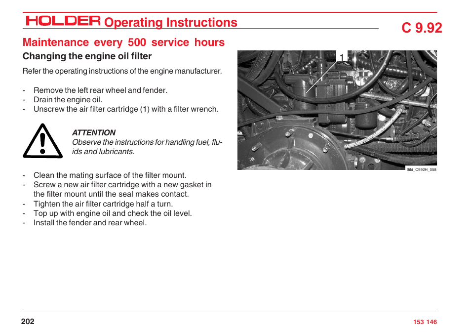 C 9.92, Operating instructions, Maintenance every 500 service hours | Holder C 9.92 H User Manual | Page 204 / 238