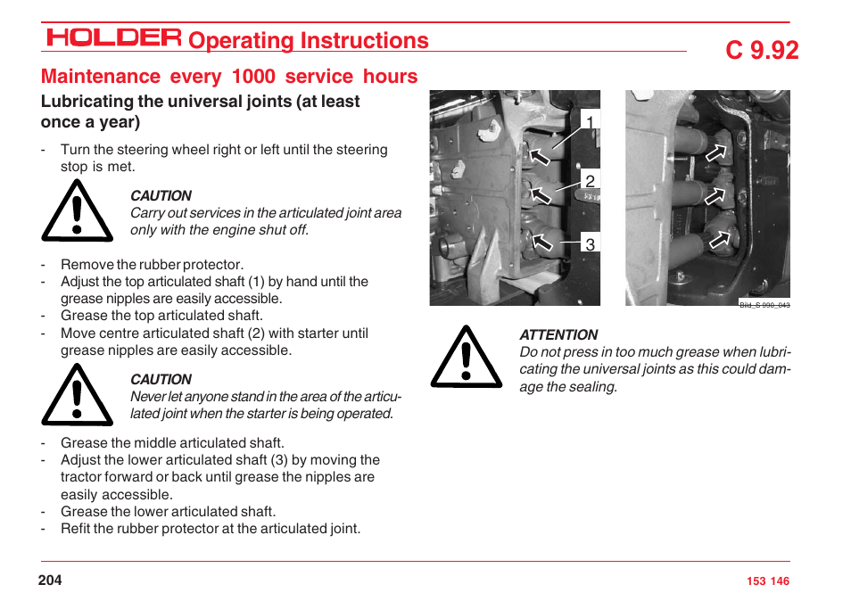 C 9.92, Operating instructions, Maintenance every 1000 service hours | Holder C 9.92 H User Manual | Page 206 / 238