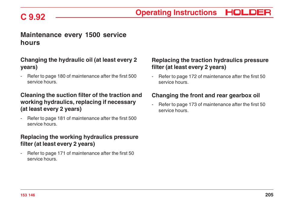 C 9.92, Operating instructions, Maintenance every 1500 service hours | Holder C 9.92 H User Manual | Page 207 / 238