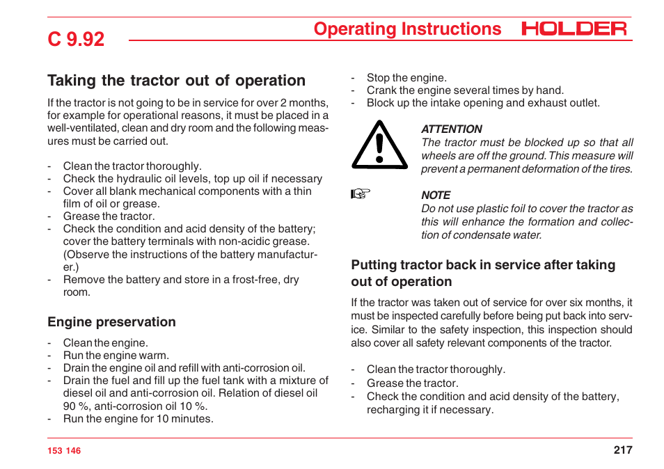 C 9.92, Operating instructions, Taking the tractor out of operation | Holder C 9.92 H User Manual | Page 219 / 238