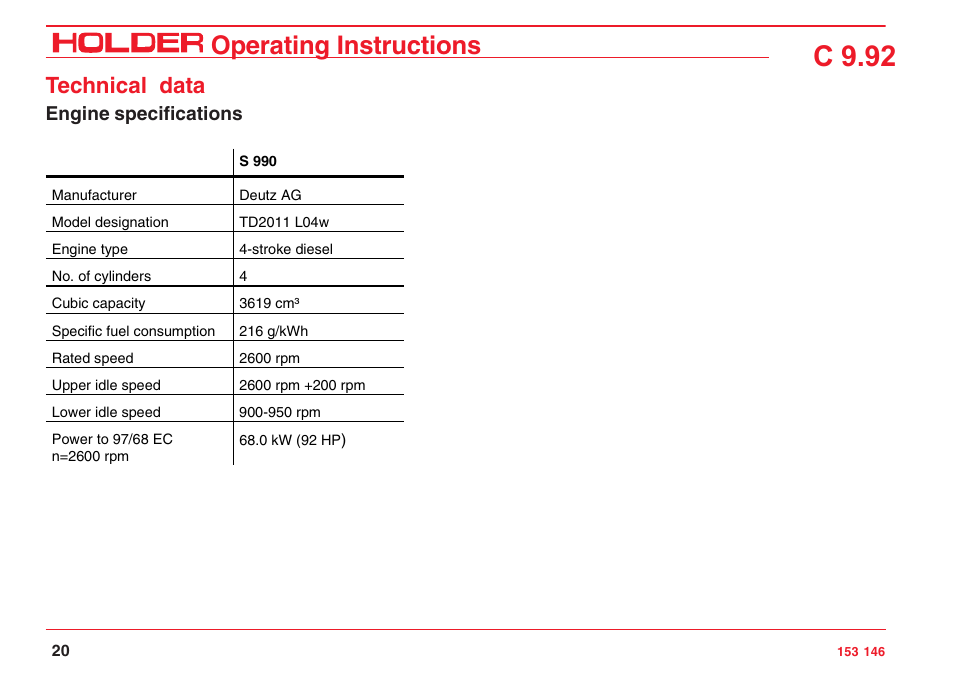 C 9.92, Operating instructions, Technical data | Holder C 9.92 H User Manual | Page 22 / 238