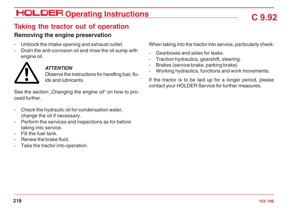 C 9.92, Operating instructions, Taking the tractor out of operation | Holder C 9.92 H User Manual | Page 220 / 238