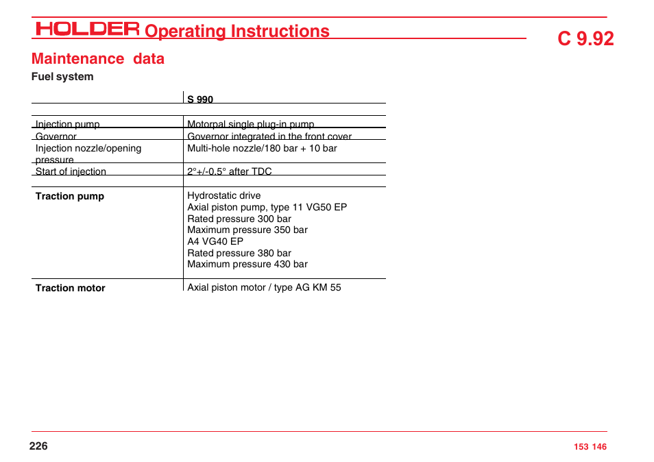 C 9.92, Operating instructions, Maintenance data | Holder C 9.92 H User Manual | Page 228 / 238