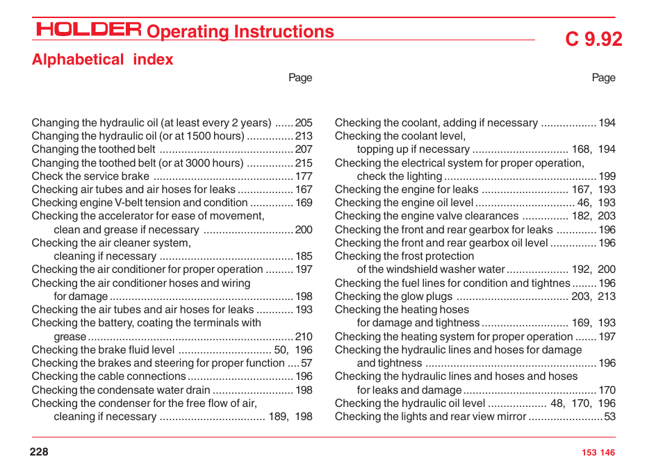 C 9.92, Operating instructions, Alphabetical index | Holder C 9.92 H User Manual | Page 230 / 238
