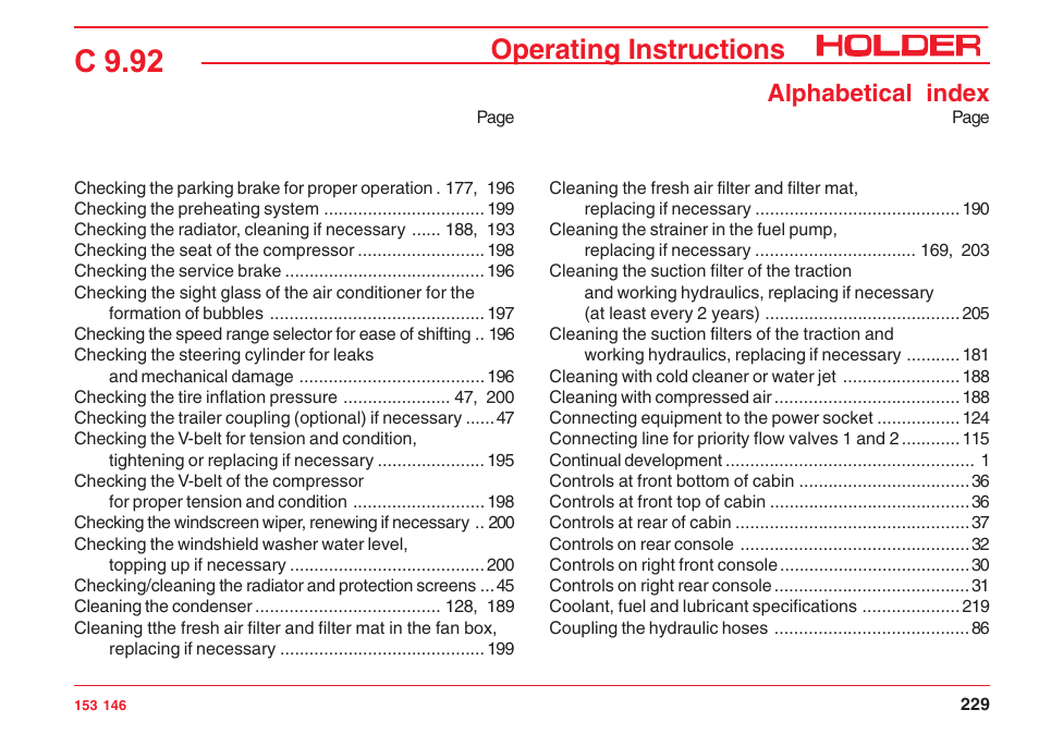 C 9.92, Operating instructions, Alphabetical index | Holder C 9.92 H User Manual | Page 231 / 238