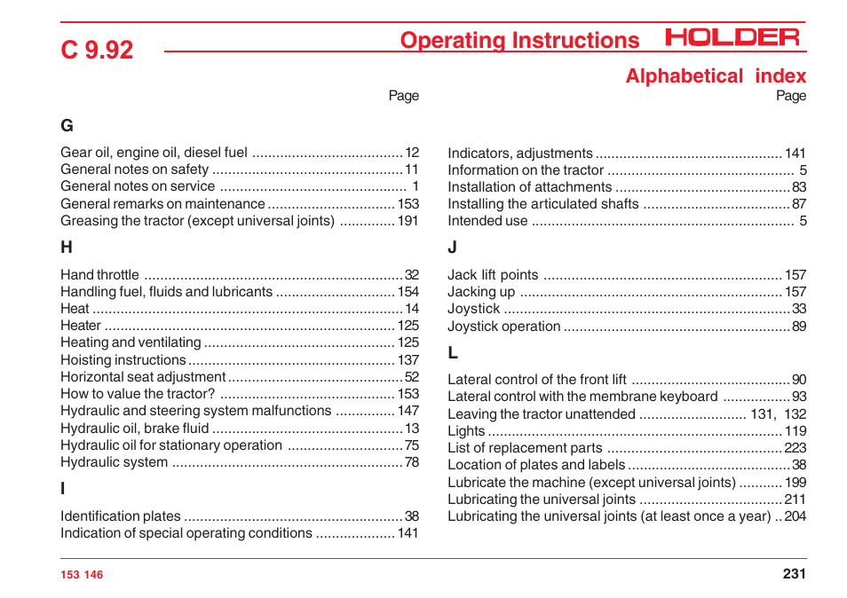 C 9.92, Operating instructions, Alphabetical index | Holder C 9.92 H User Manual | Page 233 / 238