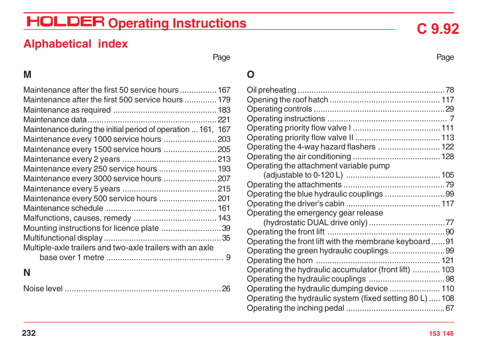 C 9.92, Operating instructions, Alphabetical index | Holder C 9.92 H User Manual | Page 234 / 238