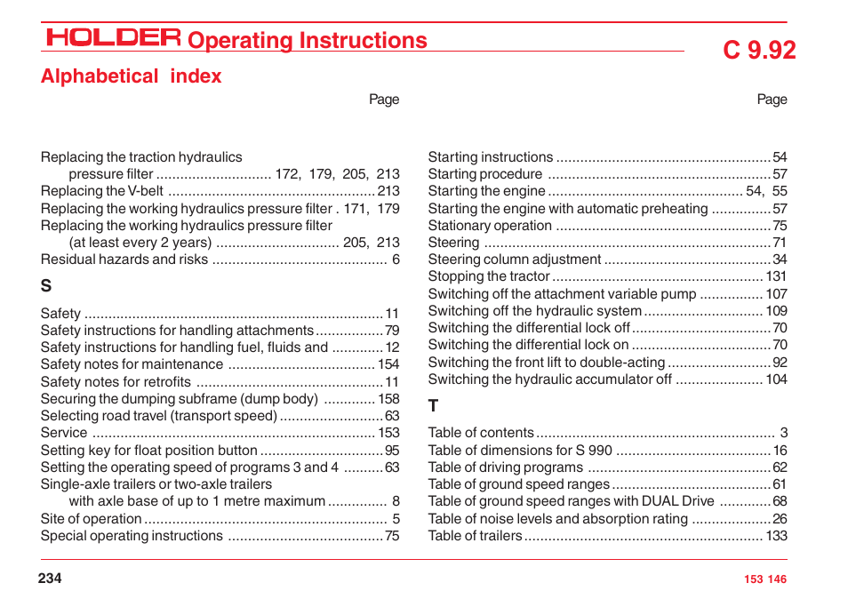 C 9.92, Operating instructions, Alphabetical index | Holder C 9.92 H User Manual | Page 236 / 238