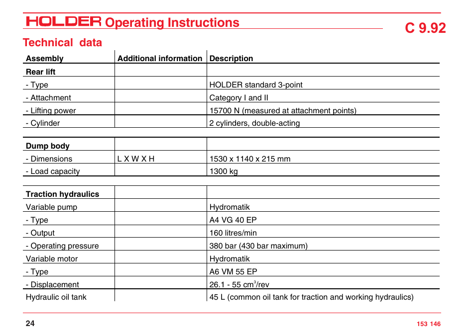 C 9.92, Operating instructions, Technical data | Holder C 9.92 H User Manual | Page 26 / 238