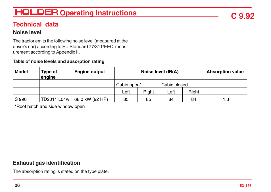 C 9.92, Operating instructions, Technical data | Holder C 9.92 H User Manual | Page 28 / 238
