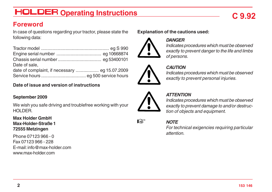 C 9.92, Operating instructions, Foreword | Holder C 9.92 H User Manual | Page 4 / 238