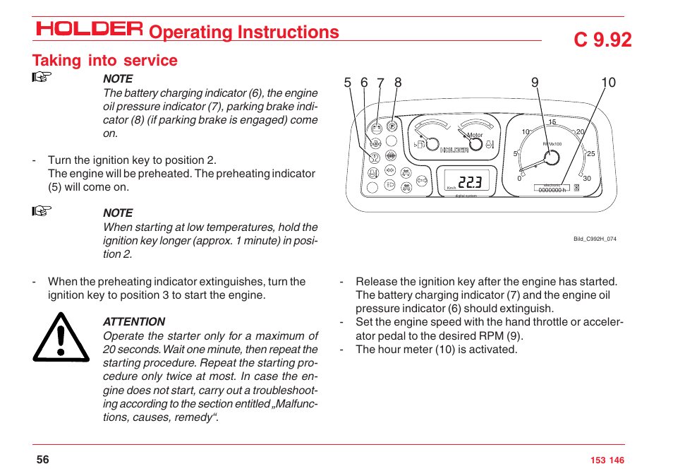 C 9.92, Operating instructions, Taking into service | Holder C 9.92 H User Manual | Page 58 / 238