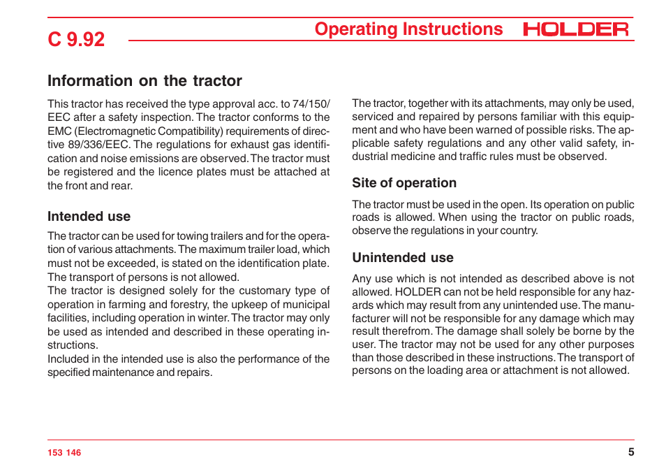 C 9.92, Operating instructions, Information on the tractor | Holder C 9.92 H User Manual | Page 7 / 238