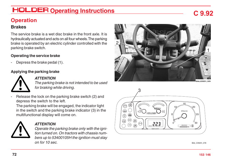 C 9.92, Operating instructions, Operation | Brakes | Holder C 9.92 H User Manual | Page 74 / 238