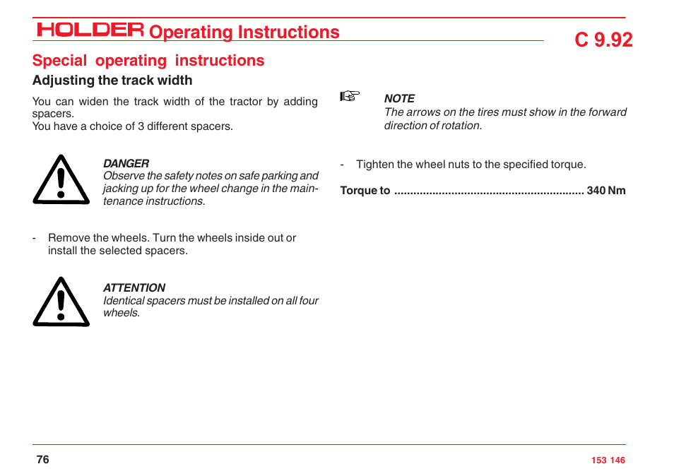 C 9.92, Operating instructions, Special operating instructions | Holder C 9.92 H User Manual | Page 78 / 238