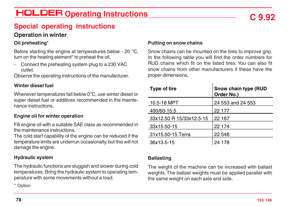 C 9.92, Operating instructions, Special operating instructions | Holder C 9.92 H User Manual | Page 80 / 238