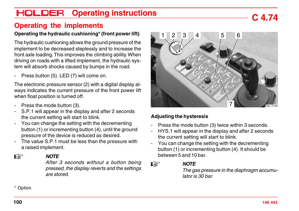 Driving on-road with implement cushioning, Operation with implement cushioning, Turning the implement cushioning off | C 4.74, Operating instructions, Operating the implements | Holder C-Trac 4.74 User Manual | Page 101 / 211