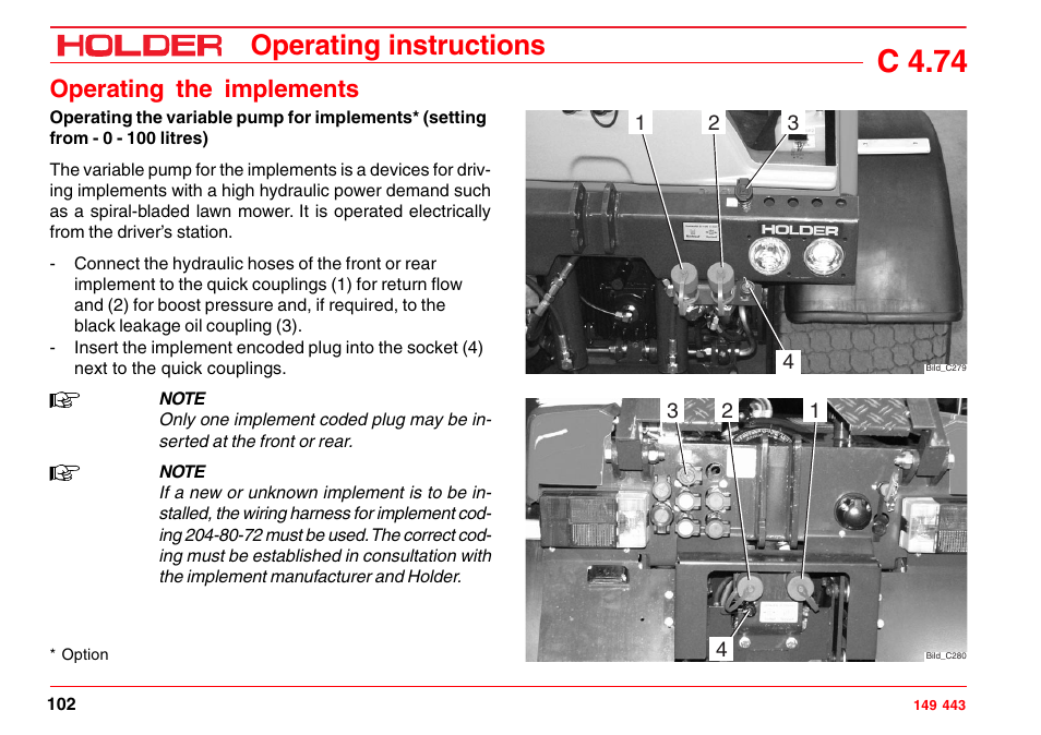 C 4.74, Operating instructions, Operating the implements | Holder C-Trac 4.74 User Manual | Page 103 / 211