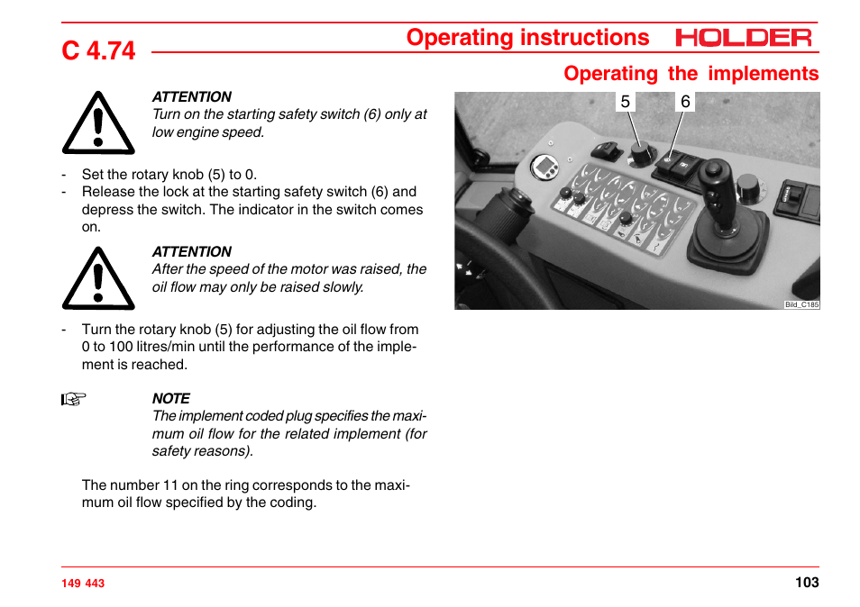 C 4.74, Operating instructions, Operating the implements | Holder C-Trac 4.74 User Manual | Page 104 / 211
