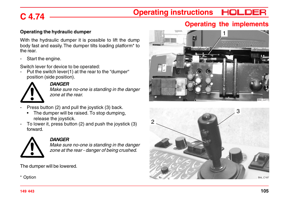 Operating priority flow valve i, C 4.74, Operating instructions | Operating the implements | Holder C-Trac 4.74 User Manual | Page 106 / 211