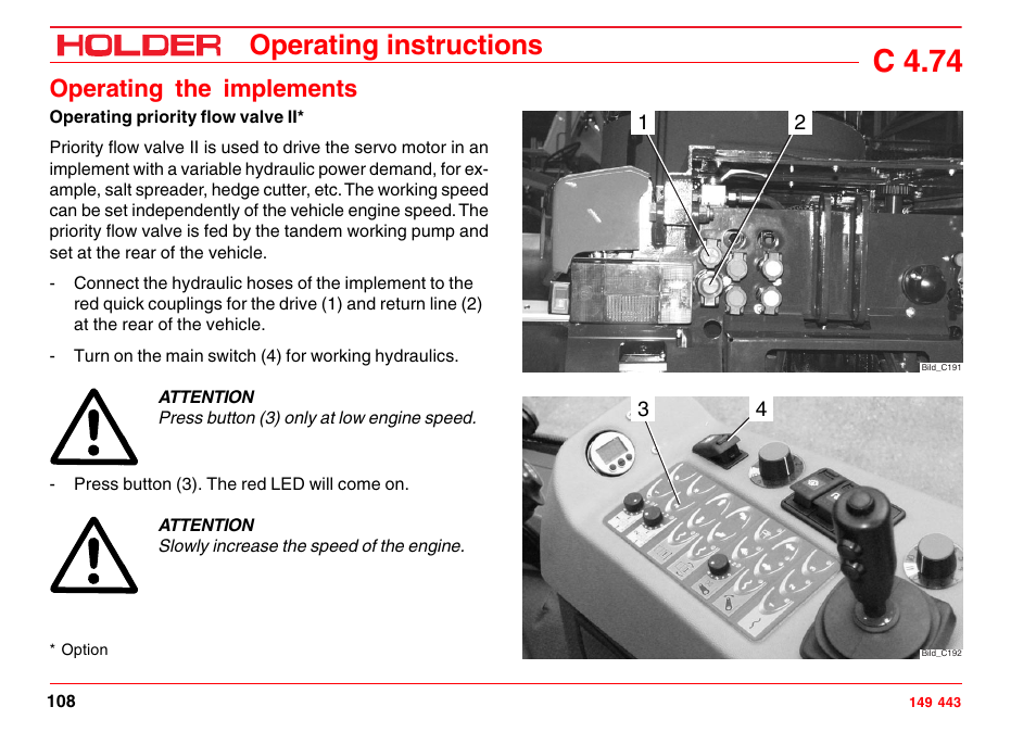 C 4.74, Operating instructions, Operating the implements | Holder C-Trac 4.74 User Manual | Page 109 / 211