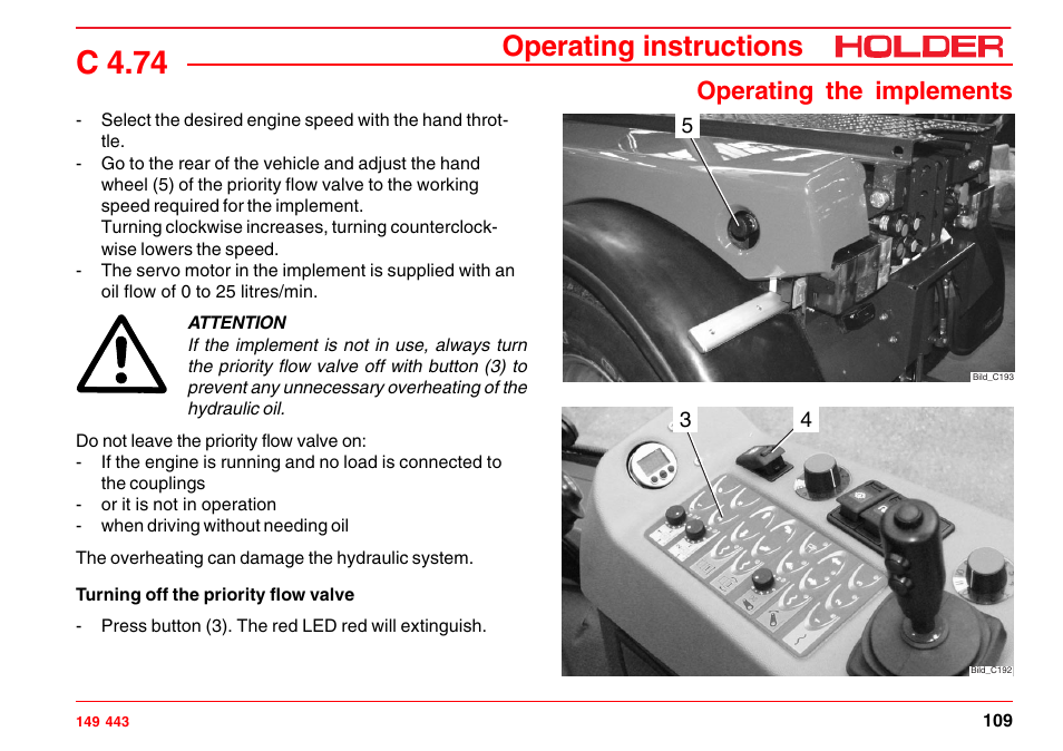 C 4.74, Operating instructions, Operating the implements | Holder C-Trac 4.74 User Manual | Page 110 / 211