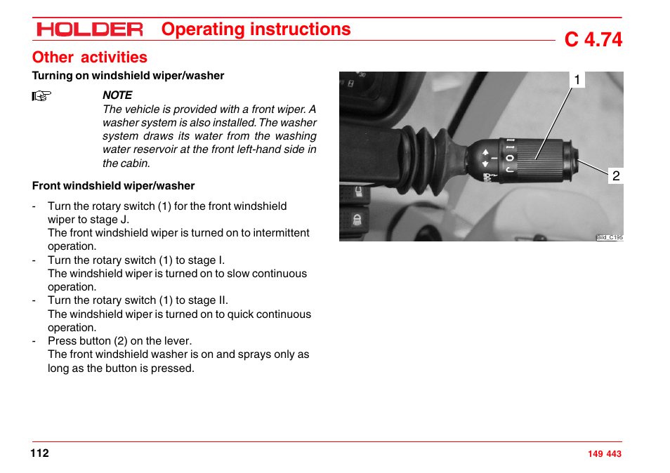 Lights, Turning on and operating the lights, Turning on high beam | C 4.74, Operating instructions, Other activities | Holder C-Trac 4.74 User Manual | Page 113 / 211