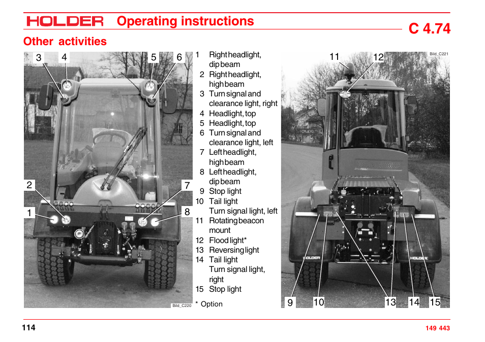 Operating the horn, Signalling to the left, signalling to the right, Turning on the top headlights | C 4.74, Operating instructions, Other activities | Holder C-Trac 4.74 User Manual | Page 115 / 211