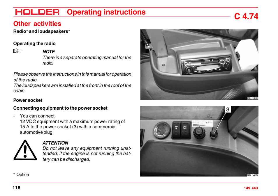 Heater, Heating and ventilating, Turning on the heater | C 4.74, Operating instructions, Other activities | Holder C-Trac 4.74 User Manual | Page 119 / 211