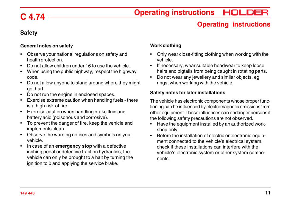 Gear oil, engine oil, diesel fuel, Safety precautions for handling fuels and oils, C 4.74 | Operating instructions | Holder C-Trac 4.74 User Manual | Page 12 / 211