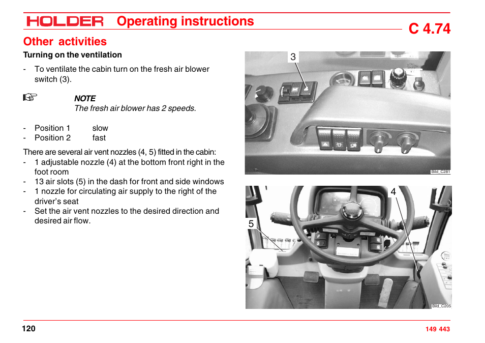 Air conditioning, Cleaning the condenser, Operating the air conditioning | C 4.74, Operating instructions, Other activities | Holder C-Trac 4.74 User Manual | Page 121 / 211