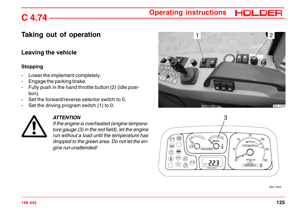 Shutdown, C 4.74, Operating instructions | Taking out of operation, Leaving the vehicle | Holder C-Trac 4.74 User Manual | Page 126 / 211