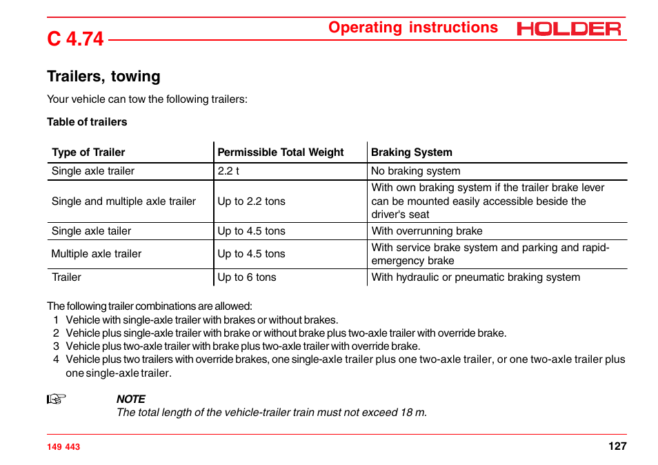 Bearing load, C 4.74, Operating instructions trailers, towing | Holder C-Trac 4.74 User Manual | Page 128 / 211