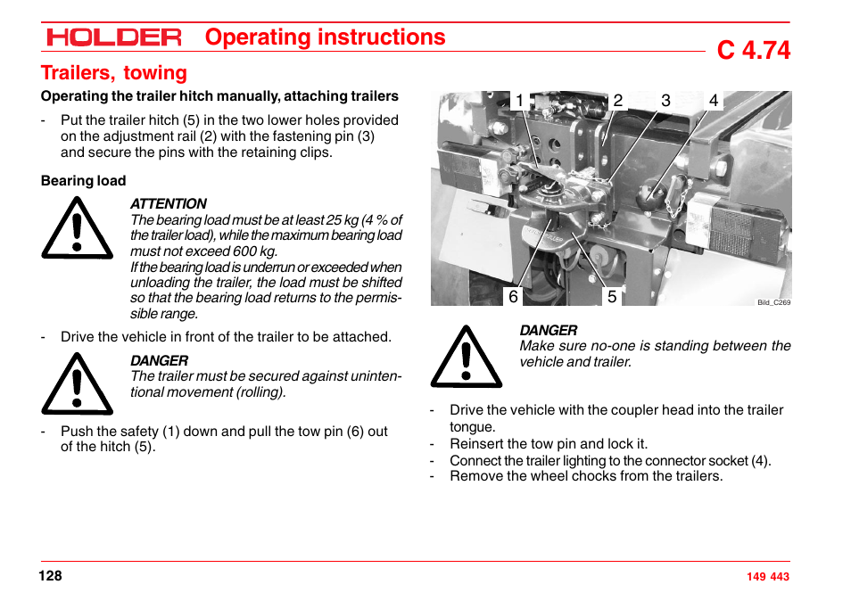 C 4.74, Operating instructions, Trailers, towing | Holder C-Trac 4.74 User Manual | Page 129 / 211