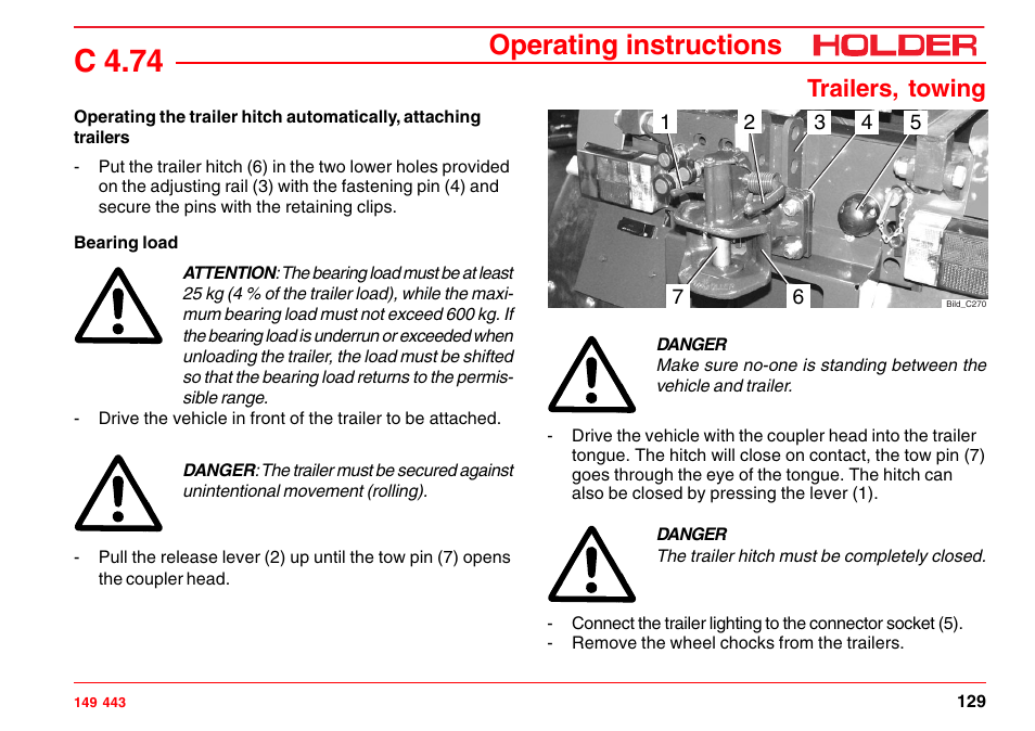 Driving with trailers, C 4.74, Operating instructions | Trailers, towing | Holder C-Trac 4.74 User Manual | Page 130 / 211