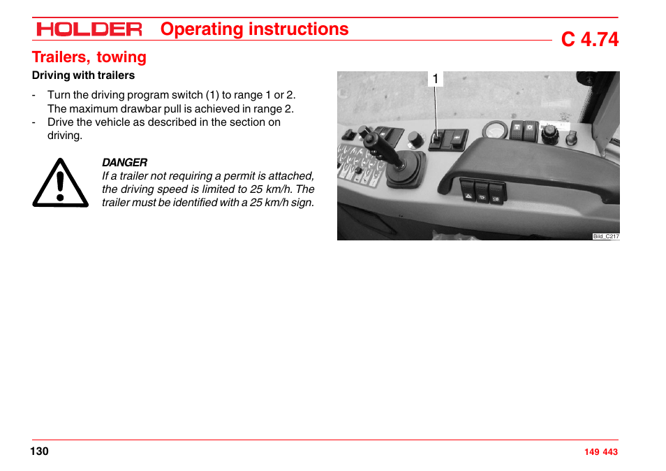 Hoisting instructions, Instructions for transport, Transport, hoisting, towing | C 4.74, Operating instructions, Trailers, towing | Holder C-Trac 4.74 User Manual | Page 131 / 211