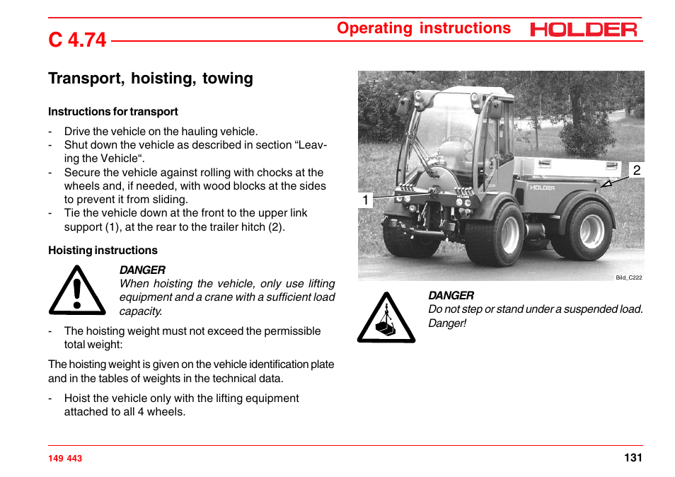 Towing instructions, C 4.74, Operating instructions | Transport, hoisting, towing | Holder C-Trac 4.74 User Manual | Page 132 / 211