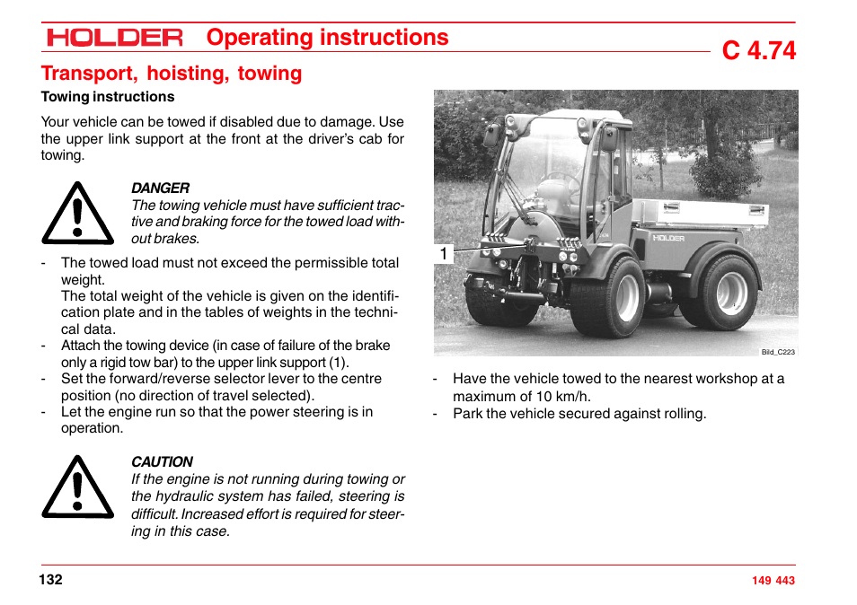 C 4.74, Operating instructions, Transport, hoisting, towing | Holder C-Trac 4.74 User Manual | Page 133 / 211