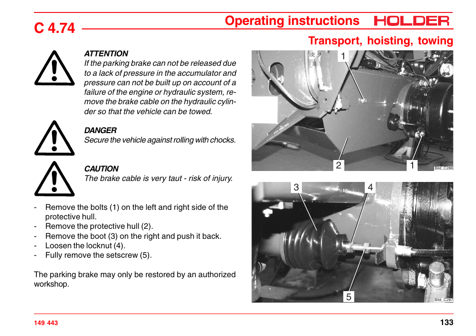 C 4.74, Operating instructions, Transport, hoisting, towing | Holder C-Trac 4.74 User Manual | Page 134 / 211