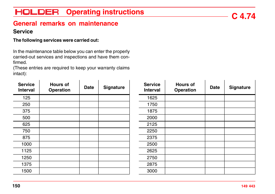 C 4.74, Operating instructions, General remarks on maintenance | Holder C-Trac 4.74 User Manual | Page 151 / 211