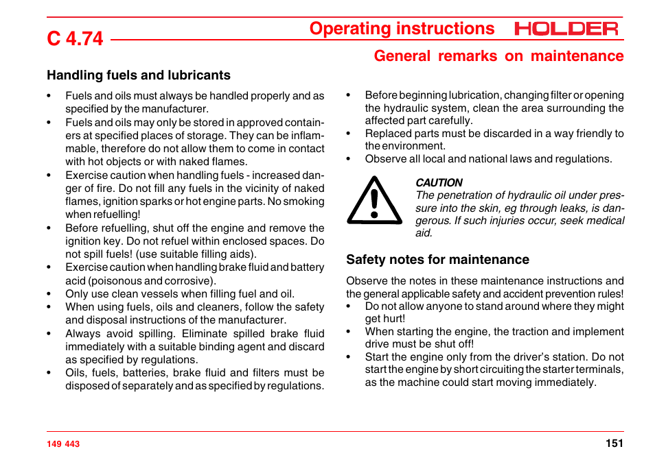 Handling fuels and lubricants, Safety notes for maintenance, C 4.74 | Operating instructions, General remarks on maintenance | Holder C-Trac 4.74 User Manual | Page 152 / 211