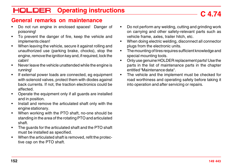 C 4.74, Operating instructions, General remarks on maintenance | Holder C-Trac 4.74 User Manual | Page 153 / 211