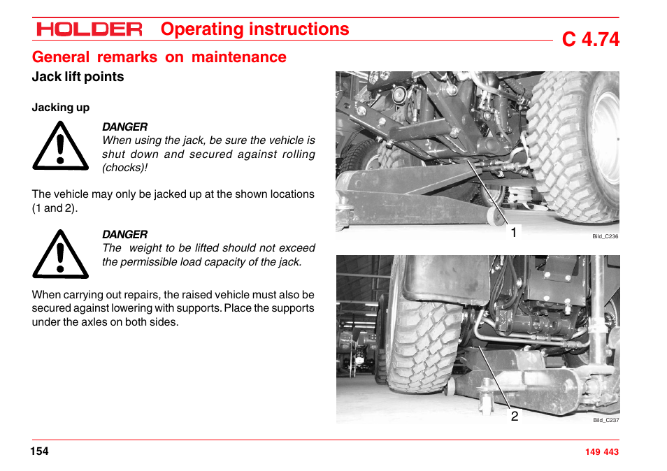 Jack lift points, Jacking up, C 4.74 | Operating instructions, General remarks on maintenance | Holder C-Trac 4.74 User Manual | Page 155 / 211