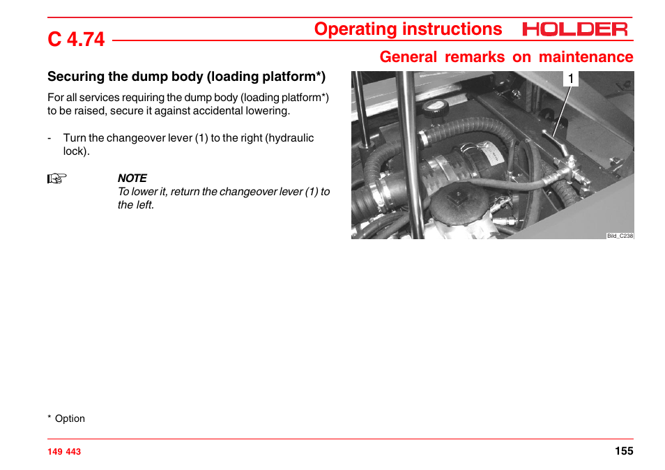 Securing the dump body (loading platform), C 4.74, Operating instructions | General remarks on maintenance | Holder C-Trac 4.74 User Manual | Page 156 / 211