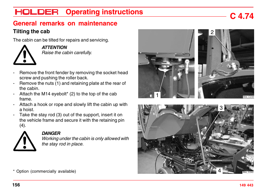 Tilting the cab, C 4.74, Operating instructions | General remarks on maintenance | Holder C-Trac 4.74 User Manual | Page 157 / 211