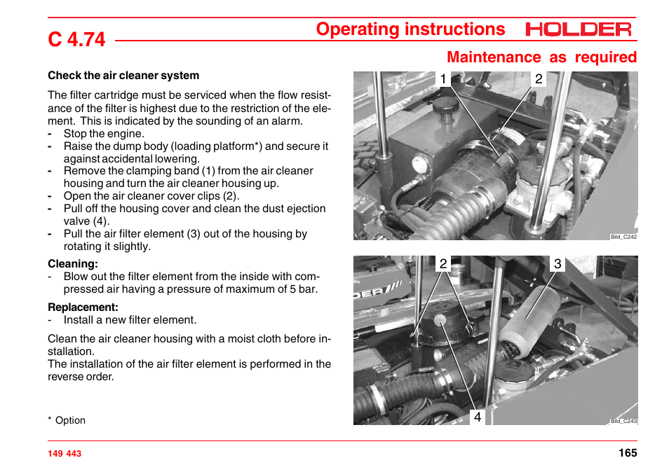 Check the air cleaner system, C 4.74, Operating instructions | Maintenance as required | Holder C-Trac 4.74 User Manual | Page 166 / 211