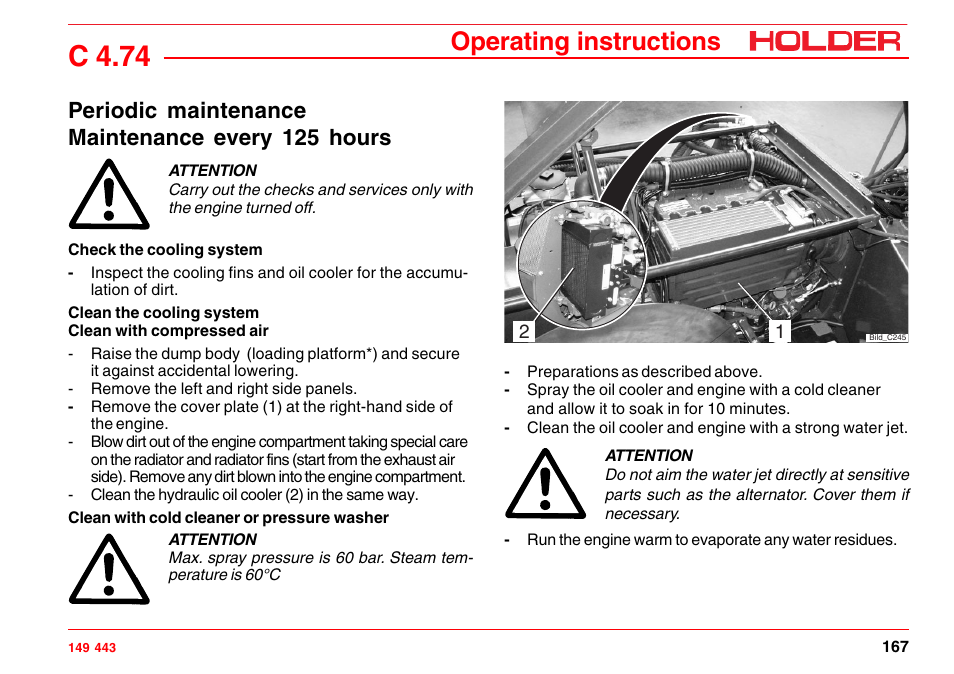 Check the cooling system, Clean the cooling system, Clean with cold cleaner or pressure washer | Clean with compressed air, Maintenance every 125 hours, C 4.74, Operating instructions, Periodic maintenance maintenance every 125 hours | Holder C-Trac 4.74 User Manual | Page 168 / 211