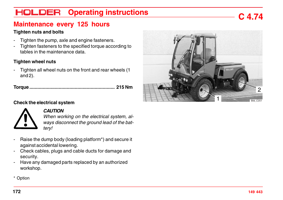 Check the electrical system, Tighten nuts and bolts, Tighten wheel nuts | C 4.74, Operating instructions, Maintenance every 125 hours | Holder C-Trac 4.74 User Manual | Page 173 / 211