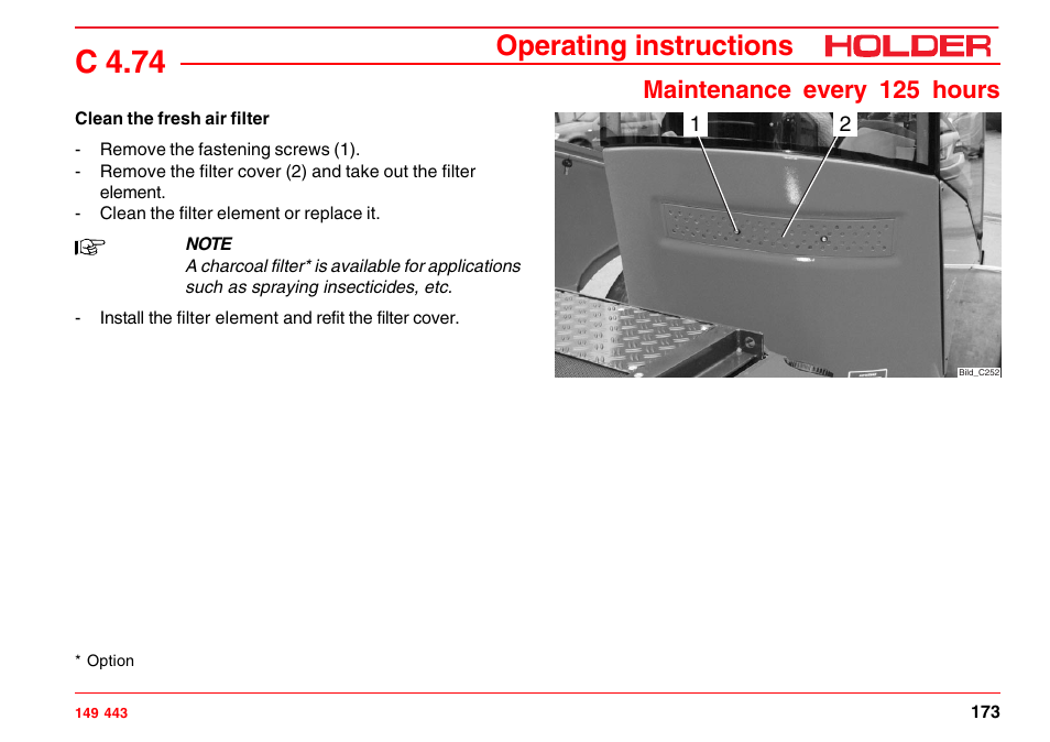 Clean the fresh air filter, C 4.74, Operating instructions | Maintenance every 125 hours | Holder C-Trac 4.74 User Manual | Page 174 / 211
